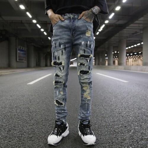 Mens Jeans Brand Europe And The United States High Street Style Hole Patch Brick Sequin Stretch Slim Men Skinny Jeans Pants