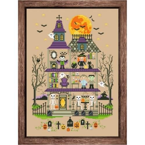 Haunted mansion cross stitch kits Halloween aida fabric 18ct 14ct 11ct flaxen linen cotton thread embroidery kits DIY craft set