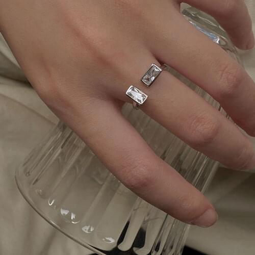 Genuine 925 Sterling Silver Shiny Zircon Open Rings Dainty Geometric Adjustable Ring for Women