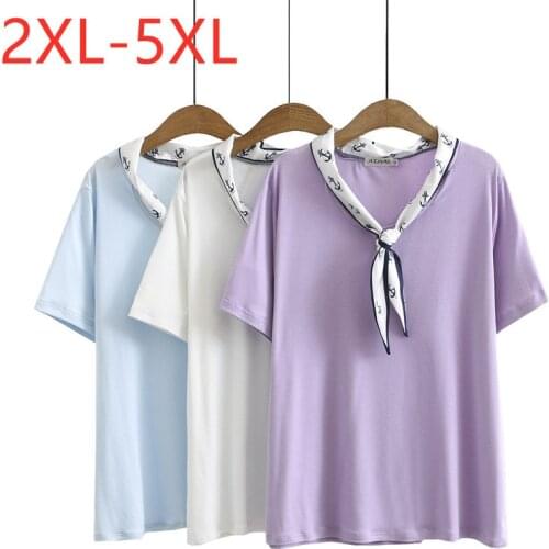 New 2021 Ladies Summer Plus Size Tops For Women Large Short Sleeve Loose Bow Cotton Purple White T-Shirt 2XL 3XL 4XL 5XL