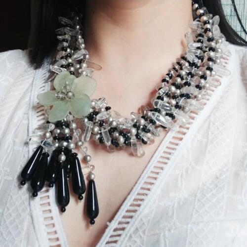 Lii Ji Real Jade Flower Pearl Quartz Statement Necklace 56cm Freshwater Pearl Onyx Necklace Big Necklace Women Jewelry Gift