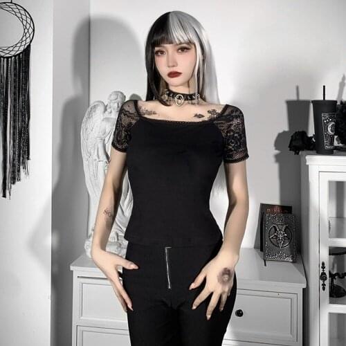 Sexy Square Collar Patchwork Solid Top Lace Hollow Out Sleeves T Shirt Bodycon Slim Streetwear Club Party Clothes