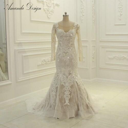 Amanda Design hochzeitskleid Luxury Handwork Beading Long Sleeve Mermaid Champagne Wedding Dress