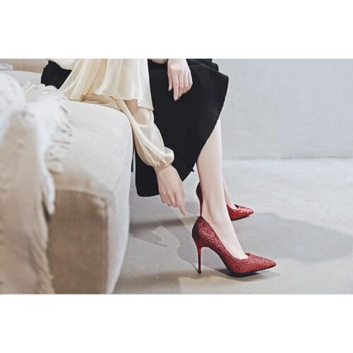 New Fashion high heels shoes women pumps thin heel classic white Shallow mouth pointed sequins sexy prom wedding shoes Blue Red