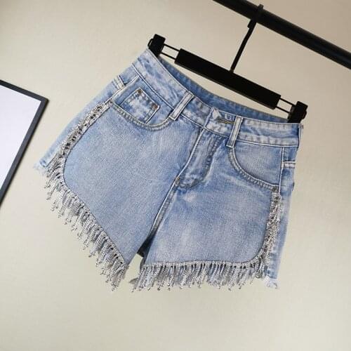 ] 2020 Spring Summer Shorts Denim Patchwork Tassel Raw High Waist Cowboy Shorts Streetwear Women Fashion High Waist Shorts