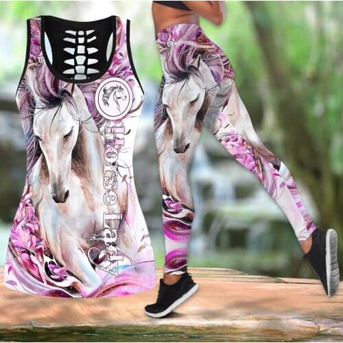 Beautiful Love Horse 3D All Over Printed Hollow Tank Top & Leggings Set Fitness Female Full Length Leggings Running Pants DDK67