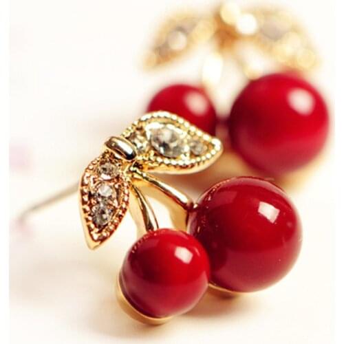 2018 New Fashion Boucle D'oreille Femme Cute Lovely Red Cherry Earrings Rhinestone Leaf Bead Stud Earrings For Woman Jewelry