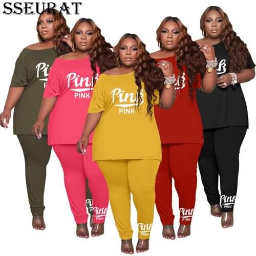 SSEURAT Women Plus Size XL-5XL Letter Print O-neck Tee Tops Jogger Sweatpant Suit Sport Matching Set Outfit 2021