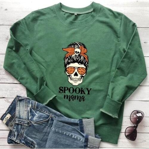 Colored Spooky Mama 100% Cotton Sweatshirt Aesthetic Women Long Sleeve Skull Halloween Fall Pullovers