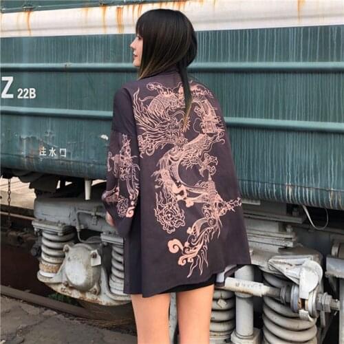 Japanese Kimono Wild Cardigan Women Summer Pattern dragon Loong Print Blouse Coat 2019 New Fashion Causal Cardigans Top Clothing
