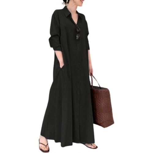 Long Dress Vintage Women Solid Color Single-breasted Long Sleeve Lapel Large Hem Dress Streetwear Party Dress Vestido Robe