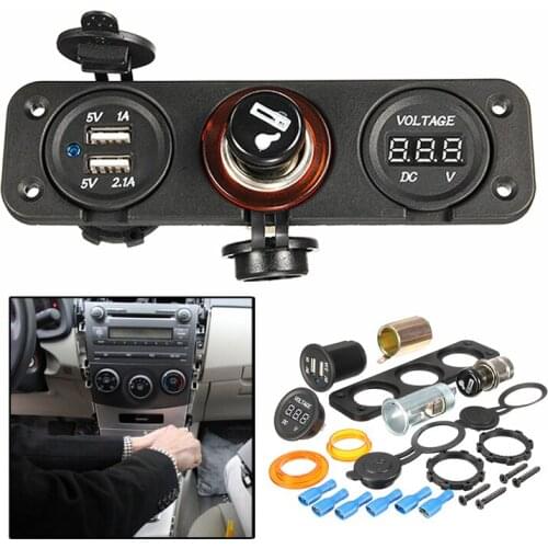 12V Black Universal Waterproof Dual USB Adapter Charger + Cigarette Lighter Sockets + Digital Voltmeter Suitable for Cars