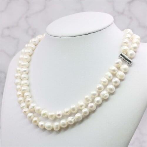 2 Rows White Akoya Shell Pearl Necklace Rope Chain Beads Jewelry Making Design Natural Stone 17.5-18inch 8-9MM (Minimum Order1)