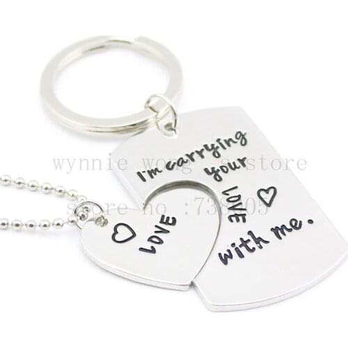 2015 new "I 'm Carrying Your Heart love with me "Jewelry HandStamped Heart DogTag Keychains &necklace Matching Couples Gift