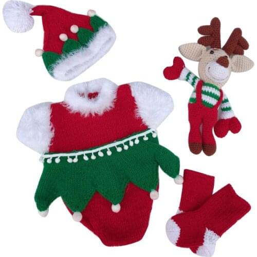 4 Pcs Newborn Photography Props Baby Hat+Socks+Elk Doll+Romper Christmas Costume F3ME
