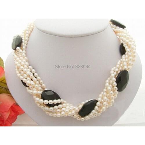 8Strds White Pearl&black bead Necklace