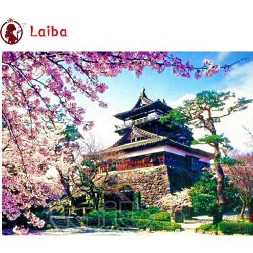 Cherry Blossom Temple 5D diy Diamond Painting Full Square Round Diamond Embroidery Mosaic Scenery Picture Of Rhinestones decor
