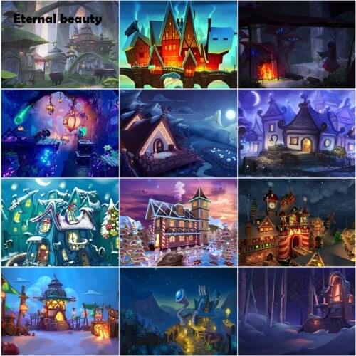 Diamond Painting Cross Stitch Kits Cartoon Castle House Chimney Scenery Diamond Mosaic Art Paintings Needlework Home Wall Decor