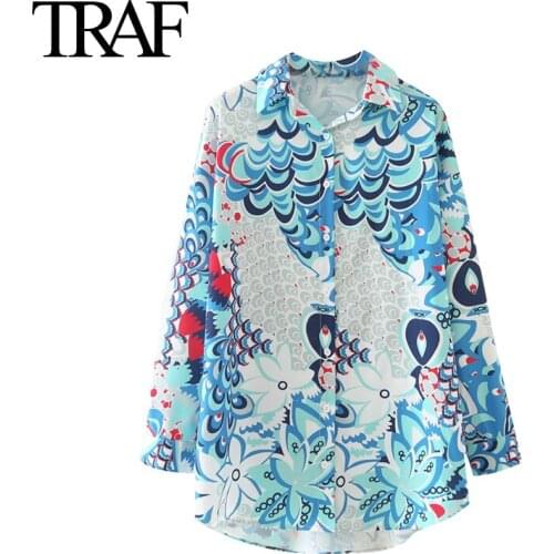 Traf Za Women Clothes Korean Fashion Button Up Printed Shirts Vintage Loose Long Sleeve Blouse Chic Ladies Tops Mujer