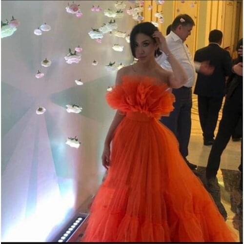 Orange A Line Long Evening Dresses 2021 Ruffled Tulle Strapless Prom Dress vestidos de fiesta Custom Made Party Night Gowns