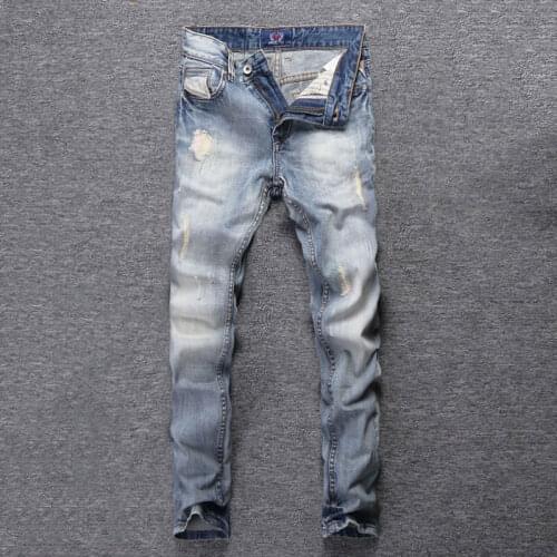 European Street Fashion Men Jeans Retro Light Blue Slim Fit Ripped Jeans Men Korean Embroidery Designer Vintage Denim Pants