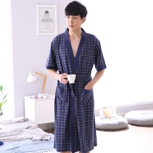 Hot Sale 2021 Classic Plaid Bath Robe Summer Thin Cotton Casual Nightgown Long Bathrobe Men Sleepwear Short Sleeve Robes XL-4XL