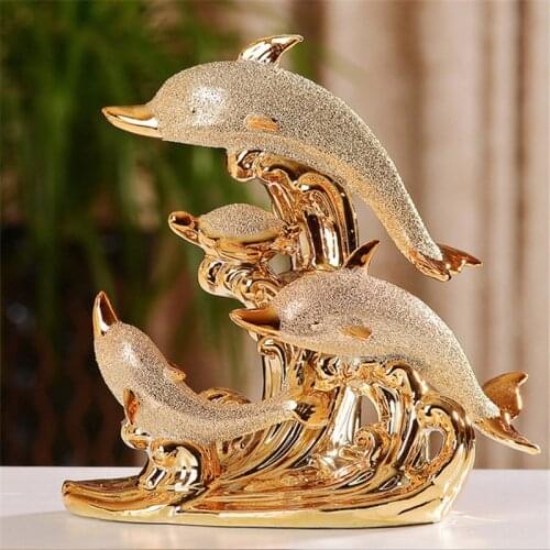 [HHT] Modern Home Decoration Ceramic Gold-plated Dolphin Ornament Wine Cabinet Furnishings Wedding Decor Crafts Couple Gifts