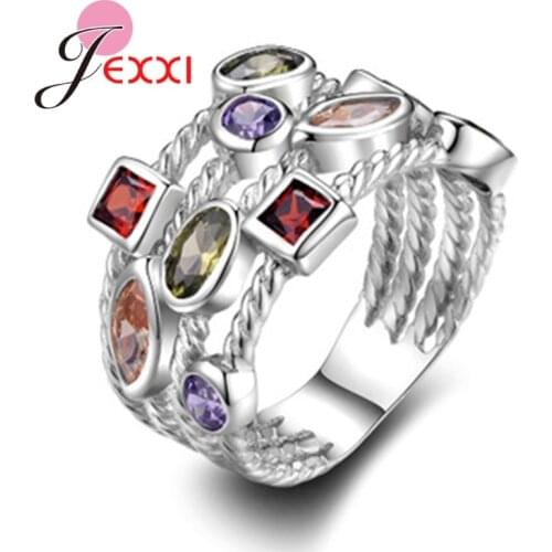 New Arrival Wide 925 Sterling Silver Rings For Women Girls Colorful Geometric Cubic Zirconia Paved Finger Rings Wholesale