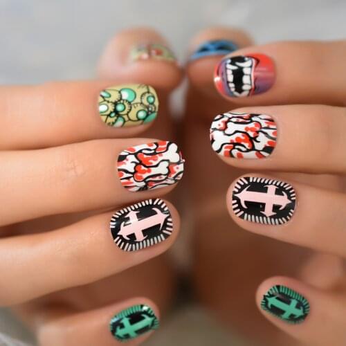Harajuku Style Short Fake Nail With Design Cross Pattern Nail Female Artificial Gel False Nail Tips For Children