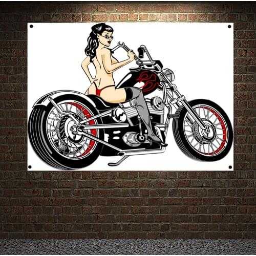 Nice Girls and Motorcycle on White Background Banner Flag Wall Art Racer Biker Moto Lady Nude Art Posters Painting Wall Decor