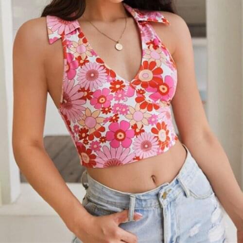 Summer Sweet Sexy Tank Tops Floral Printed Slim Sleeveless Lapel Halter Lace-Up Backless Wild Fit Exposed Navel Vacation Vest