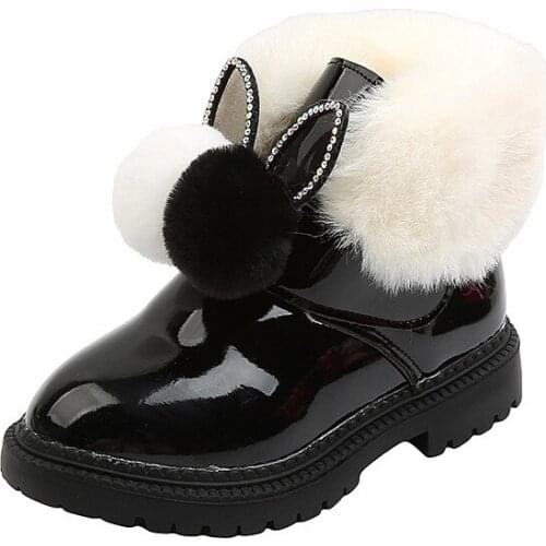 Cute Rabbit Children Boots for Girls Bright Skin Patent Leather with Thick Warm Fur Fluffy Kids Boots Snow Boots 21-36 Winter