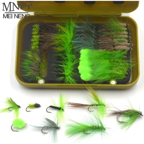 MNFT 1set (40/56PCS) Fly Fishing Flies Combo Green Series Artificial Insects Bait Fishing Lure Hooks With Fly Box