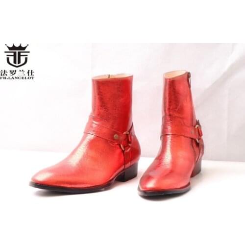 FR.LANCELOT 2020 cool men dress boots men red sequined leather boots metal ring ankle booties party shoes med heel men boots