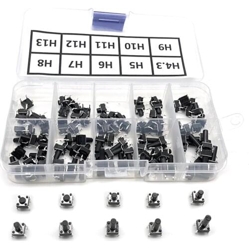 100pcs / 10 models 6*6 Light micro touch Switch sets Push Button Switch Kit , Height: 4.3MM - 13MM DIP 4Pin 6x6 Keys Tact ON/OFF
