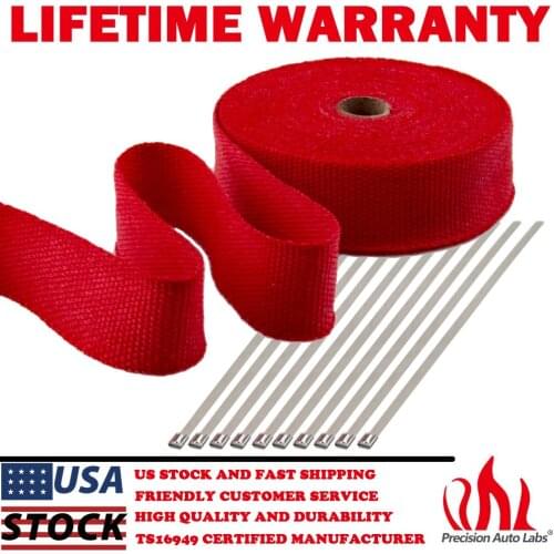 2" x 50FT Exhaust Header Fiberglass Heat Wrap Tape w/ 10 Steel Ties Kit - Red