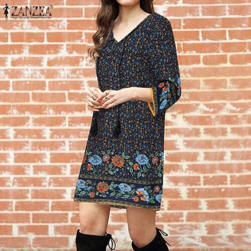 ZANZEA Floral Printed Bohemian Party Sundress Women Summer 3/4 Sleeve Loose Short Dress Casual Retro Beach Kaftan Mini Vestido