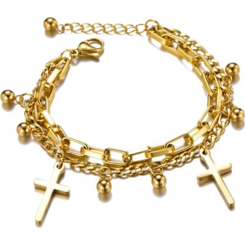 Luxury Gold Jewelry Bracelet Multilayer Chain Cross Beads Charm Stainless Steel Bracelets For Women Pulseras 2021