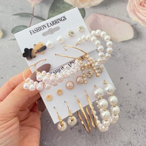 VKME Fashion Pearl Dangle Earrings Set For Women Statement Hoop Earings Geometry Circle Bead Earring 2021 Korean Simple Jewelry