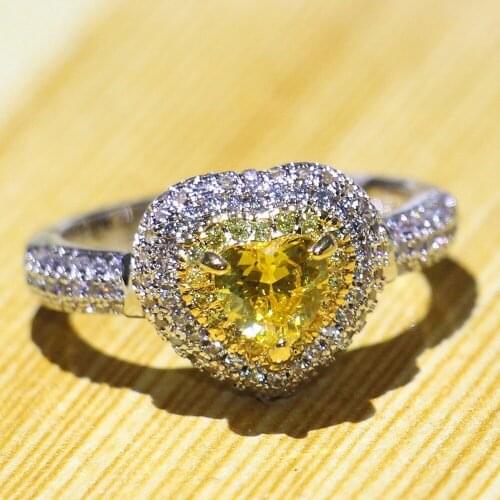 Sparkling Choucong Brand New Luxury Jewelry 925 Sterling Silver Heart Shape Yellow 5A Zirconia Pave CZ Party Women Wedding Ring