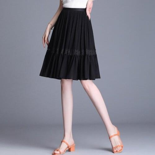 Chiffon Midi Skirts Female 2021 Summer High Waist Lace A-line Pleated Skirt Mid-length Cake Skirt for Young Women BSQ408