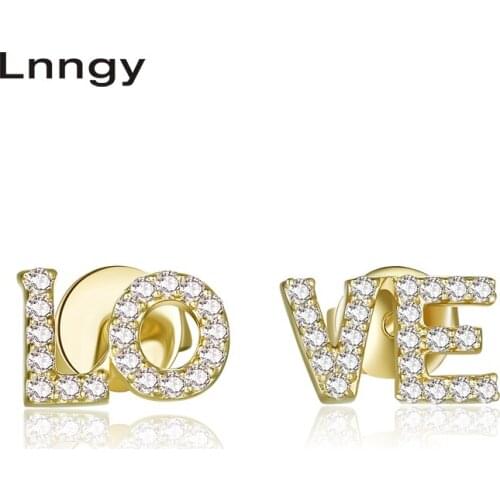 Lnngy 18K White Gold /Yellow Gold /Rose Gold Natural Diamond Earrings LOVE Letters Diamond Jewelry for Women Stud Earrings