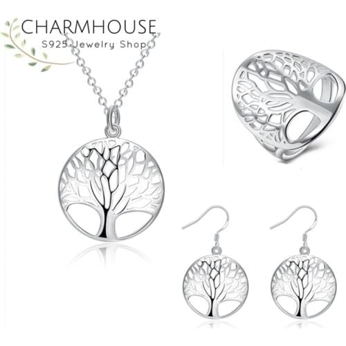 Charmhouse Silver 925 Jewelry Sets For Women Life Tree Pendant Necklace Ring Earrings 3 pcs Set Wedding Jewelry Accessories