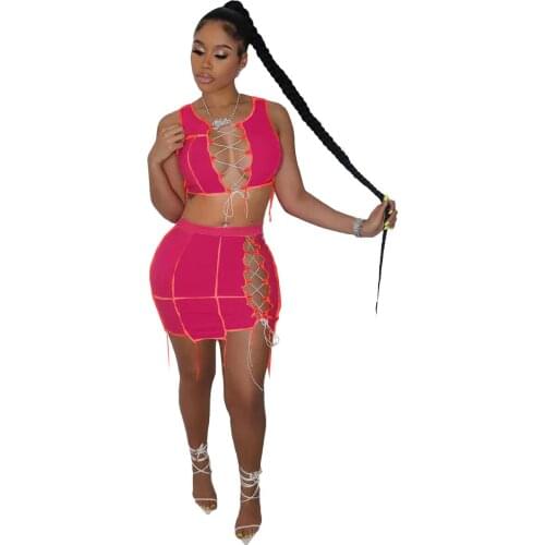 Bandage Skirts Two Piece Set Women Summer Sexy Lace Up Deep V Neck Sleeveless Crop Top + Mini Skirts Bodycon Club Women Set