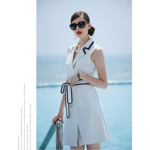 2020 New Fashion Women Summer Elegant Office Lady Formal Work Wear Slim Sleeveless Vintage Belt Double Breasted V Neck Dresses