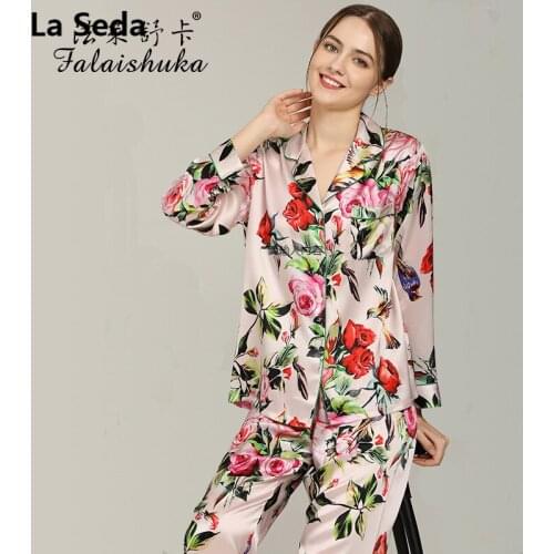19 Momme 100% genuine silk pajamas sets women sleepwear Korean Elegant Flowers fashion Mulberry Silk womens pyjamas T8127_ZB