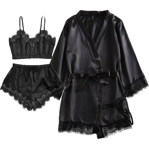 4pcs Women Satin Lace Mesh Sleepwear Black Colors Homewear Nightwear Pyjamas Set Female Sexy Sleepwear Outfits 2021 Hot Sale