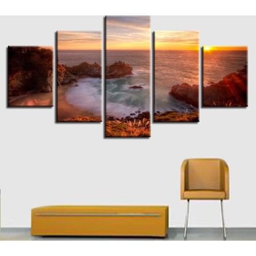 Canvas HD Prints Pictures Home Decor 5 Pieces Beach Cove Sand Ocean Water Painting Modular Wall Art Sunrise Poster(No Frame)