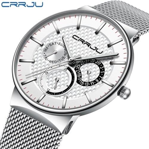 Mens Watches CRRJU Top Brand Luxury Waterproof Ultra Thin Date Clock Male Steel Strap Casual Quartz Watch White Sport WristWatch