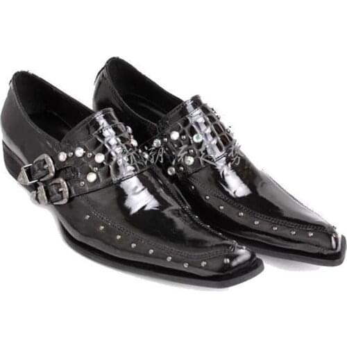 Patent Leather Choudory Men Shoes Rivets Moccasins Men Loafers chaussure homme buckle Casual dress Shoes Square Toe SIZE 12